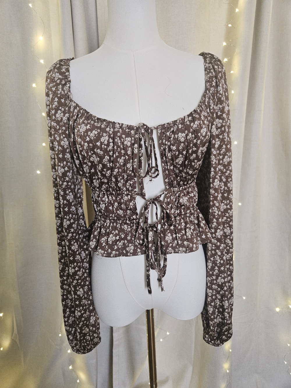 Women's Brown Floral Tie-Front Peplum Blouse with Long Sleeves